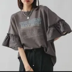 新品 GLOBAL WORK リメイク風フリルプリント7分袖 スミクロ