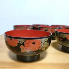 【5点セット】汁椀 お椀 蓋なし 菊柄 金彩 内朱 黒塗り 汁椀 吸物椀