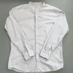 最終値下げ　ユニクロ　ストライプ　ノーカラー シャツ　Mサイズ　ブルー　ホワイト