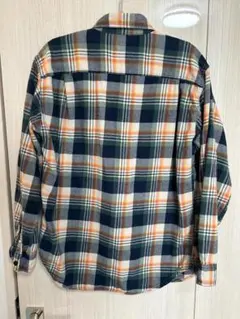フランネルチェックシャツ　レギュラーカラー・長袖　ネイビー×オレンジチェック