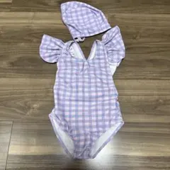 バッククロス　チェック　韓国　フリル付き水着（チェック柄）　帽子付き