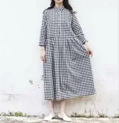 サニークラウズ　ponさんコラボ　ギンガムチェックロングワンピース　メガネ　刺繍のサムネイル
