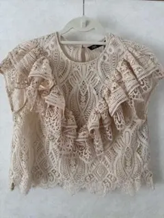 ZARA◆ベージュピンクフリルショートスリーブブラウス　定価4990円新品タグ付