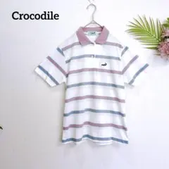 クロコダイル ポロシャツ レディース M 白 ピンク ボーダー 半袖 春夏