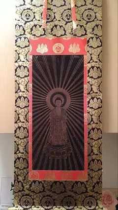 金泥極彩色「阿弥陀三尊像図」道智山遍照院印施 木版版彩色 1幅｜仏教
