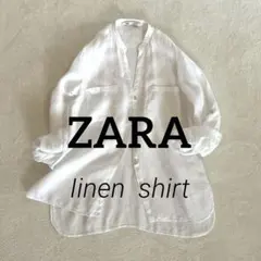 ザラ リネン100％ ブラウス シャツ 白 スリットネック 長袖 長め丈