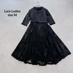 レースレディース　ロングフレアワンピース　レース　パーティー　オケージョン　黒