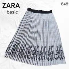 【ザラ ベーシック】 刺繍プリーツスカート チェック柄 ウエストゴム M