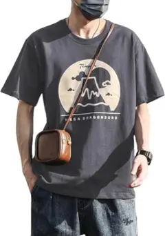 Tシャツ メンズ 100%綿 半袖 富士山　グレー