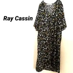 5077K ​レイカズン 小花柄ロングワンピース ブラック Vネック 半袖 F