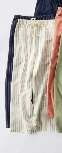 リネンブレンドイージーパンツ　丈長め　オフホワイト　ストライプ