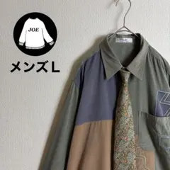 ネクタイシャツ 幾何学模様刺繍　ボタニカル総柄　鳥アニマル　くすみ色　切替　古着