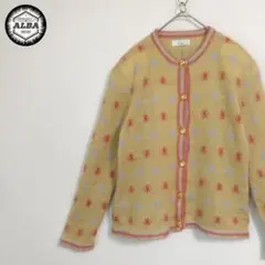 ニット　セーター　カーディガン　モヘア　刺繍　ガーリー　黄　イエロー　M　長袖