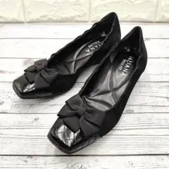 DIANA WELLFIT 黒 ウェッジソール パンプス リボン コンフォート