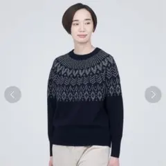 無印良品◆メリノウールジャカード編みクルーネックセーター　ネイビーM