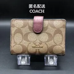 COACH コーチ 二つ折り財布 PVC レザー ベージュ レッド系