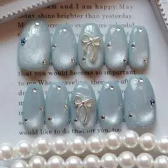 現品　サイズオーダー可　ワンホン　韓国　マグネットネイル　ライトブルー　リボン