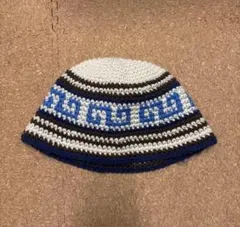 ハンドメイド　クラッシャーハット　クロシェハット　バケットハット　青茶　ボーダー