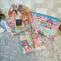 パッチワーク柄 3点セット巾着袋　コスメポーチ　バネ口ポーチ　小物　パネル　南仏