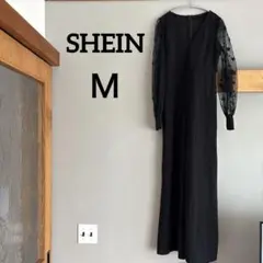 SHEIN 【M】Vネック シースルー袖　オールインワン　ブラック　星柄