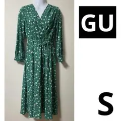 GU　フラワープリントカシュクールワンピース(長袖)　S