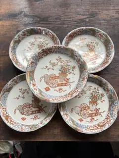 時代物古伊万里色絵錦手金襴手金彩【雲龍鳳凰？鷺図】大皿　冨貴長春　江戸期時代箱付 古伊万里 金彩色絵 丸鳳凰文に石畳図皿 10枚 江戸時代後期頃 | 古美術