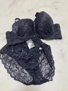 ダークグレー レース ブラジャーショーツセット M