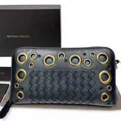 ボッテガヴェネタ イントレチャート レザー ラウンド 長財布 メタル濃紺