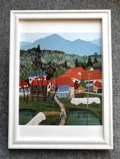 原田泰治『おぼろ月 新潟県津南町』B5サイズ 額入り 印刷物 額装品