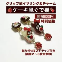 チョコとケーキぐで猫と苺のイヤリング♡フェイクスイーツ、バレンタインチョコレート