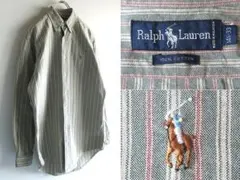 90sビンテージ ラルフローレン ロゴ刺繍 ストライプオックスフォードBDシャツ