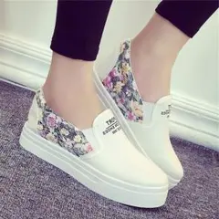 【ホワイト】スニーカー スリッポン レディース 厚底 インソール 花柄 カジュ□