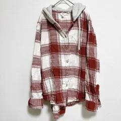 フード付き赤と白チェックシャツ 【L】長袖 グレー ユニセックス