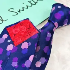 美品✨ポールスミス ネクタイ 光沢 六角形 ドット 総柄 ネイビー 花柄