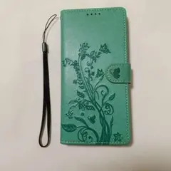 手帳型スマホケース グリーン 花柄 ストラップ付き