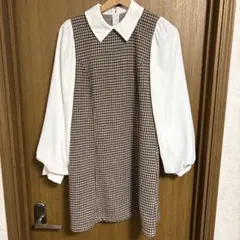 チェック柄長袖ワンピース