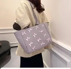 新品　グレー ビジネスバッグ 韓国　リボンバック　キルティングバック