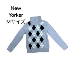 ★美品【ニューヨーカー】 タートルネックセーター チェック柄薄グレー Mサイズ