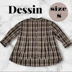 Dessin チェック柄ブラウス 0 白黒オレンジ 美品 7分袖
