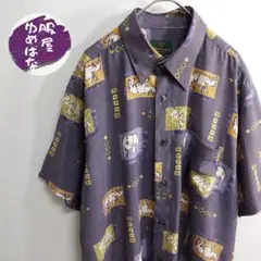 アロハシャツ　アニマル柄　とろみ　ポリシャツ　レトロ　くすみ　紫　 L　古着