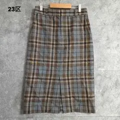 23区　チェック柄スカート　グレー系　前スリット　36 S