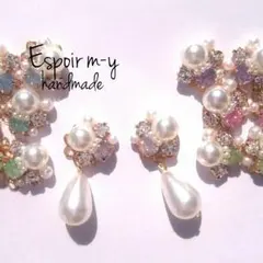 大人可愛い♡ パステルカラー ミルキー ビジュー ピアス しずくパールチャーム