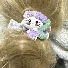 一点物★⭐︎ヘアゴム632キラキララインストーン付可愛い猫顔ビジューヘアゴム紫緑白