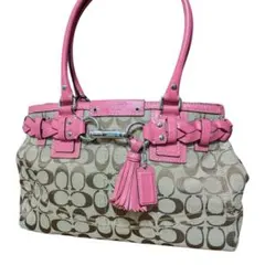 極美品 コーチ ハンプトンズ キャリーオール トートバッグ ピンク シグネチャー