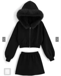ファーフードジップパーカー×ミニスカートセットアップ[tu935] ブラックM