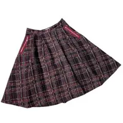 【美品】ランバン　フレアスカート　ツイード　チェック柄　日本製　黒×赤　38のサムネイル