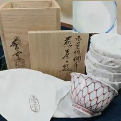 AP42 宮川香雲 煎茶碗 赤呉須 網手 六客 共箱 共布 未使用 煎茶道具