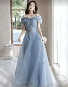 オフショルダードレス ブルー バースデードレス Mサイズ