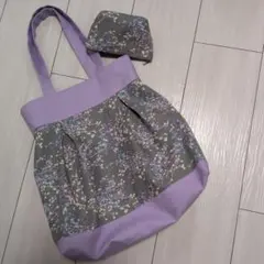 ハンドメイド少し大きめトートバッグサブバッグ、パープル＋グレー、花柄、ポーチ有