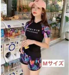 【M3ｍ】Mラッシュガード水着レディースレパレートボタニカル柄黒　韓国　Mサイズ